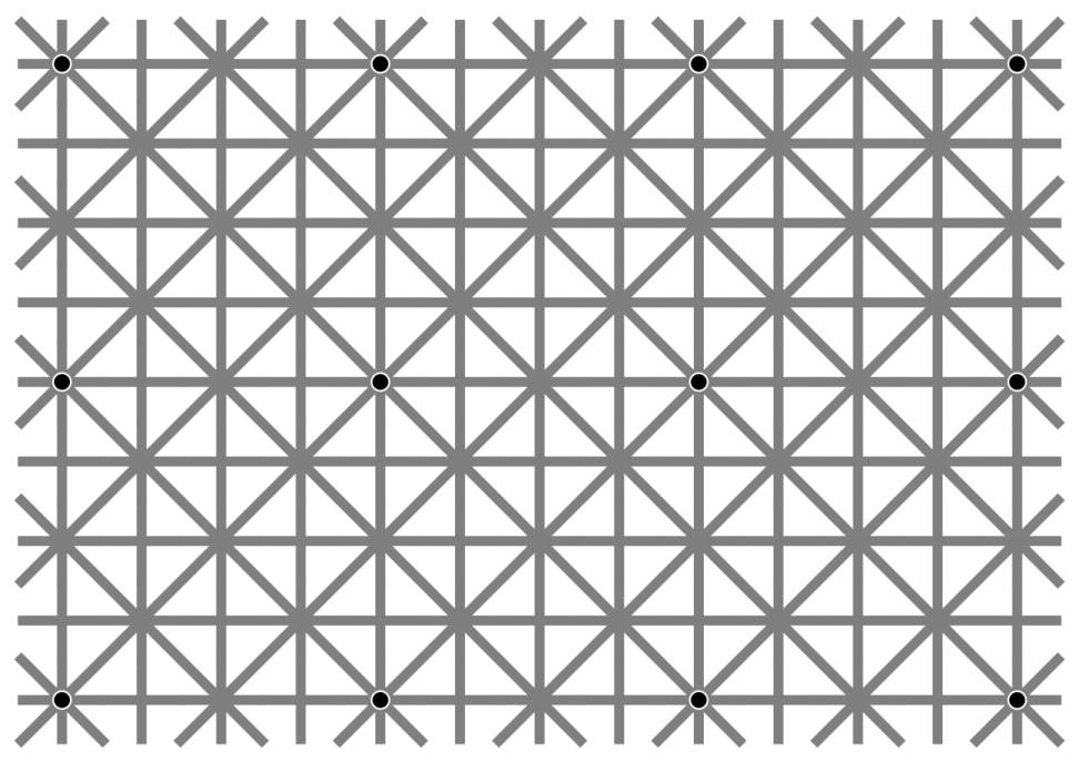 Просто ваши глаза не могут увидеть все 12 точек одновременно. Ninio's extinction illusion. Twelve black dots cannot be seen at once. Ninio, J. and Stevens, K. A. (2000) Variations on the Hermann grid: an extinction illusion. Perception, 29, 1209-1217. The image source is a post by Akiyoshi Kitaoka https://www.facebook.com/akiyoshi.kitaoka/posts/10207806663219295